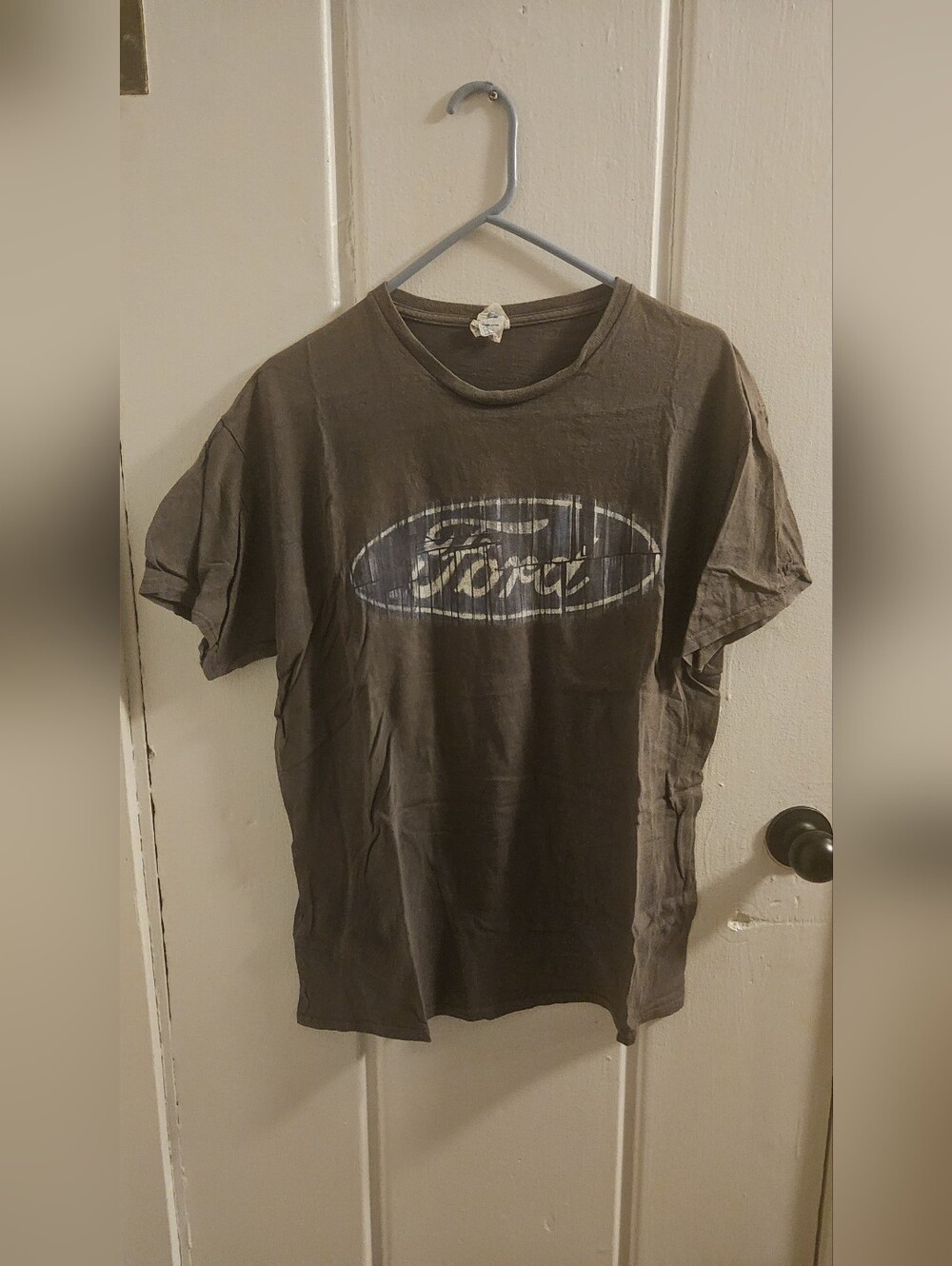 Ford Men's Short Sleeve Crewneck T-Shirt in Charcoal Gray with Faded White Logo